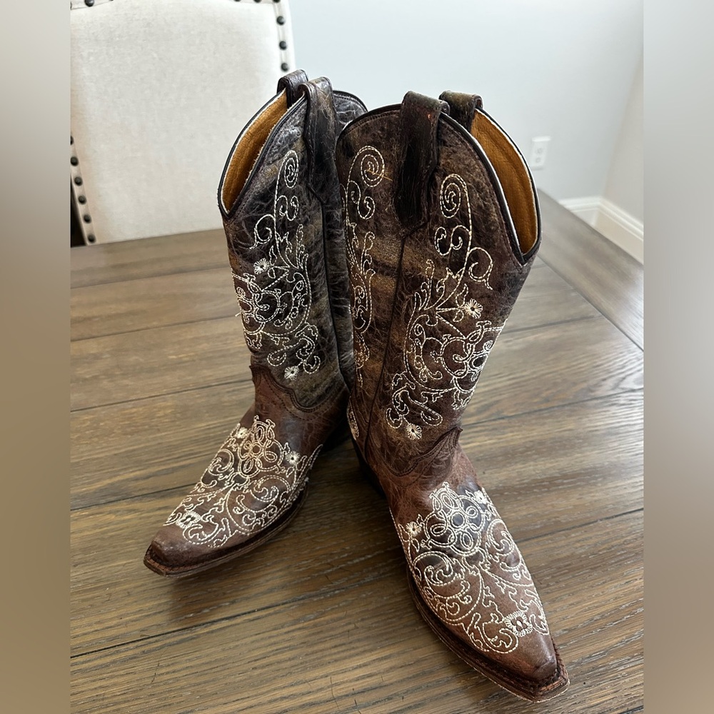 Corral Brown Leather Kids Western Boots with White Embroidery